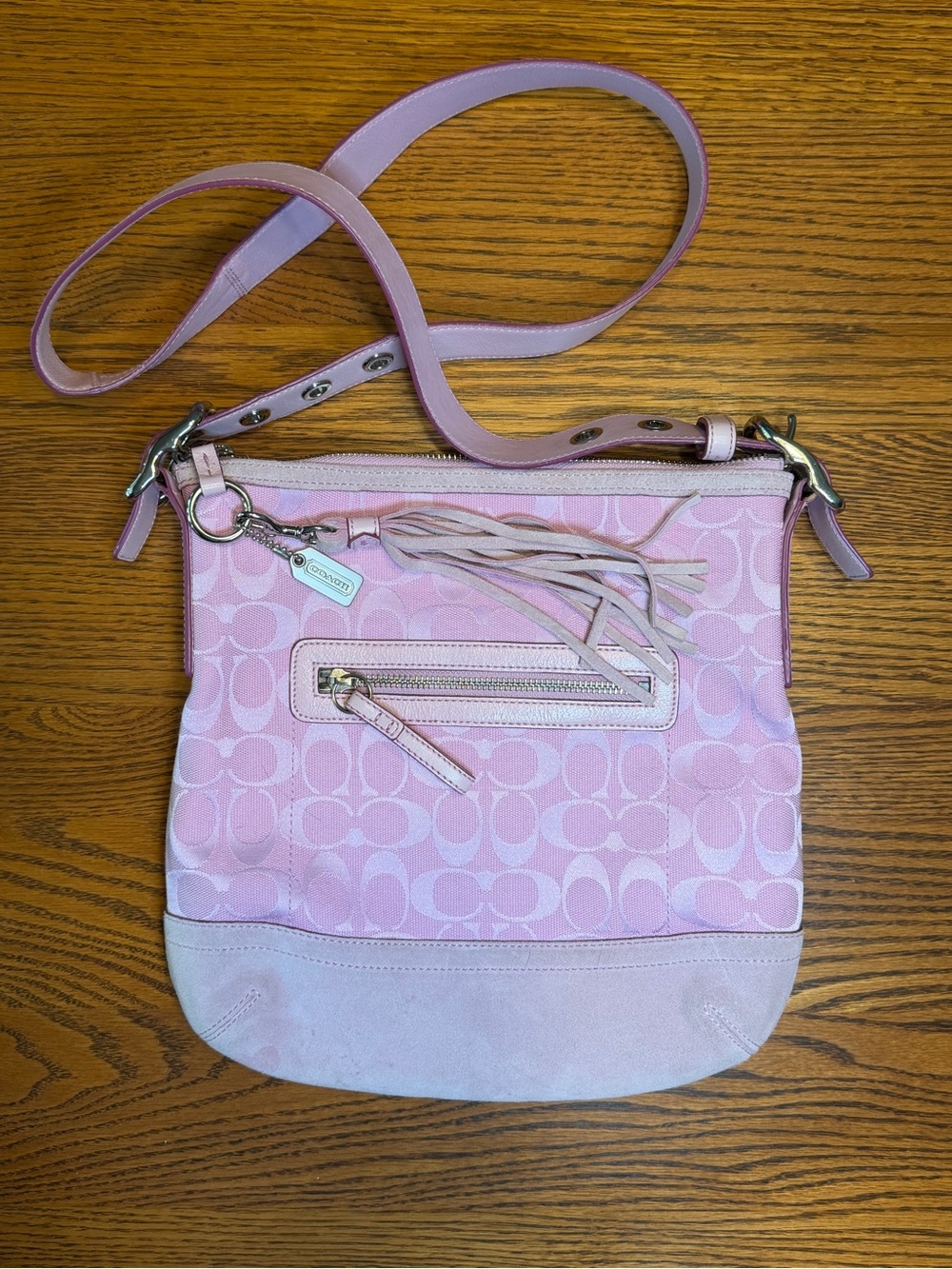 Coach Pink Signature Jacquard Crossbody with Tassel